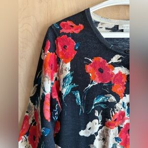 Garnet Hill Eco Merino Wool Cardigan Navy Blue|Floral 3/4 Sleeve Size M